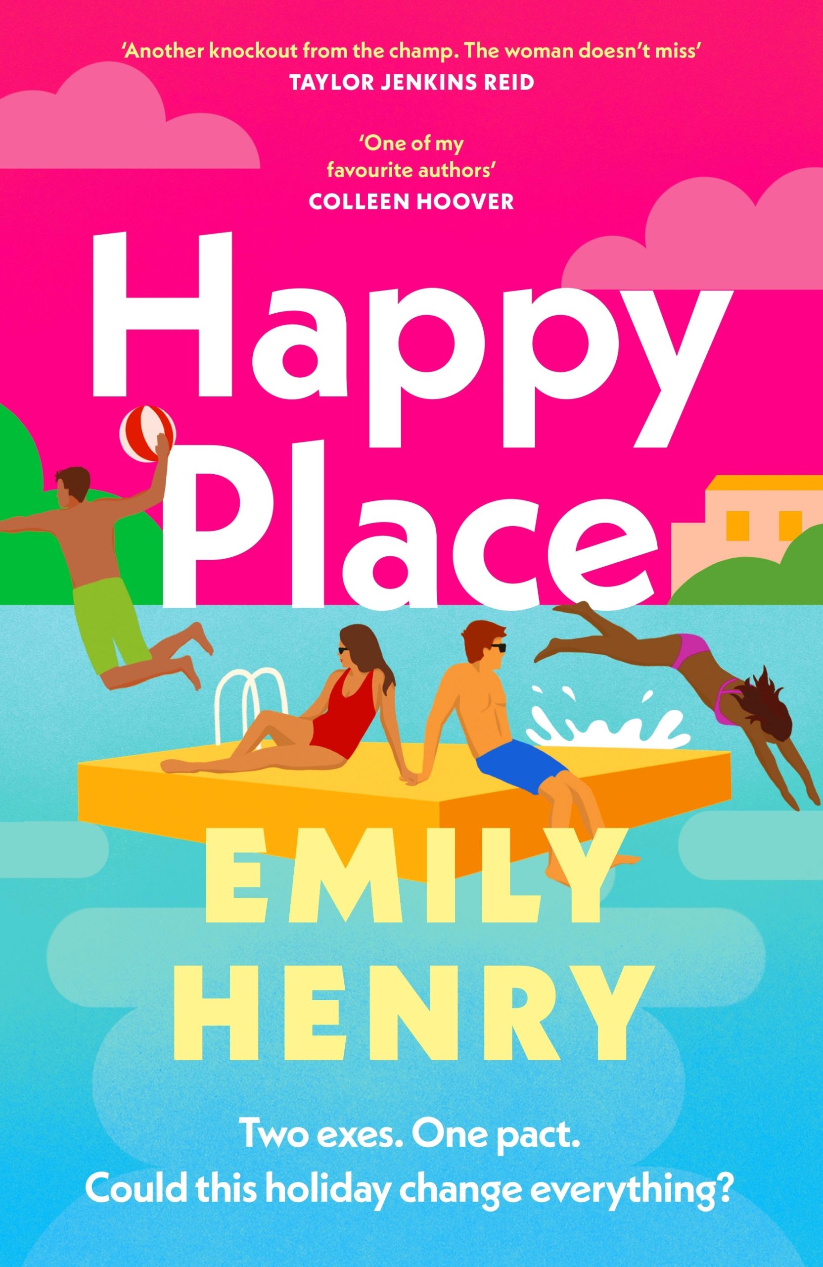 Book cover of Happy Place by Emily Henry — a romantic fiction novel about love, friendship, and rediscovering happiness during a summer getaway.