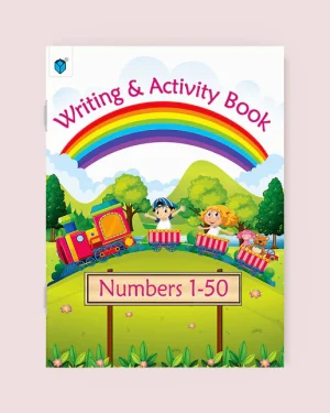 Cover of Writing & Activity Book Numbers 1–50 by Nadia Nezam – a colorful workbook for kids to learn and trace numbers 1–50
