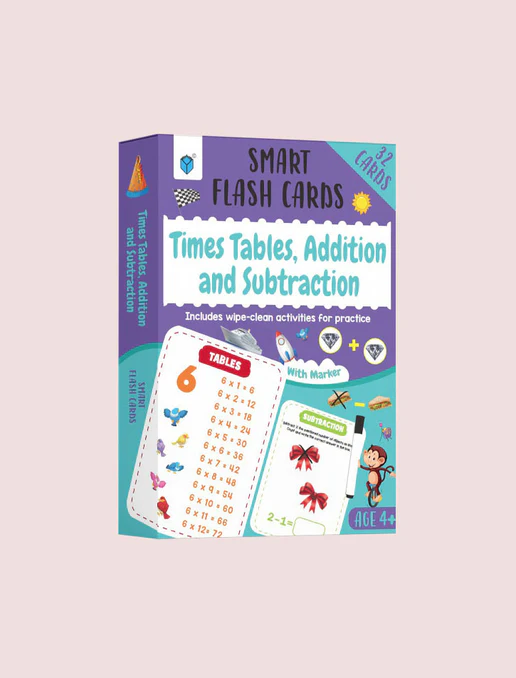 Smart Flash Cards: Times Tables, Addition and Subtraction by Shama Zain – colorful math flash card set for kids learning multiplication, addition, and subtraction