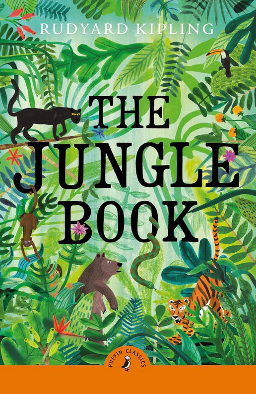 Book cover of Puffin Classics: The Jungle Book by Rudyard Kipling — classic adventure of Mowgli, Baloo, and Bagheera in the Indian jungle.