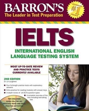 Cover of Barron’s IELTS with Audio CDs by Lin Lougheed – Complete IELTS preparation book with listening, reading, writing, and speaking practice.