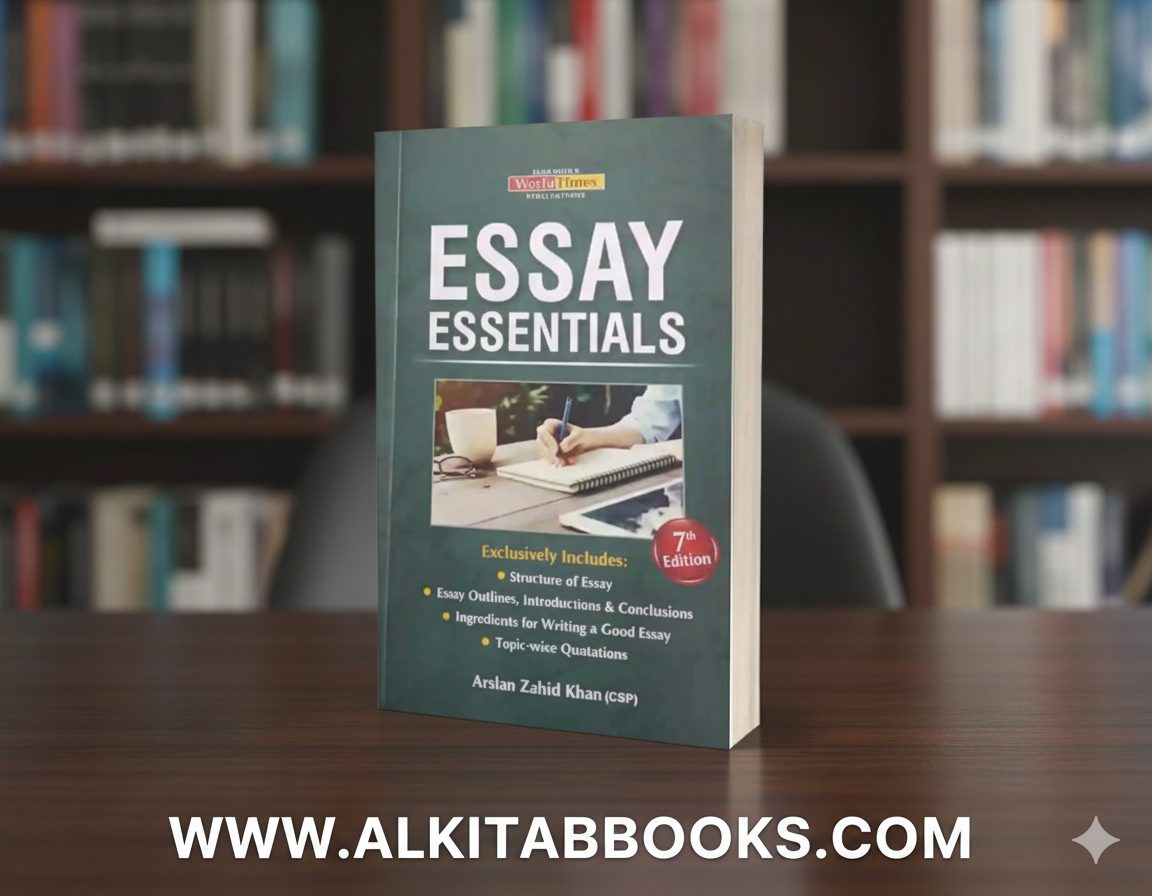 Cover of Essay Essentials (7th Edition) by Arsalan Zahid, published by JWT—a complete guide for CSS and PMS essay writing.