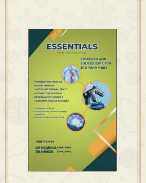 “Essentials Comprehensive Solved OSPE for 3rd Year MBBS by Dr. Maqbool – Book Cover”